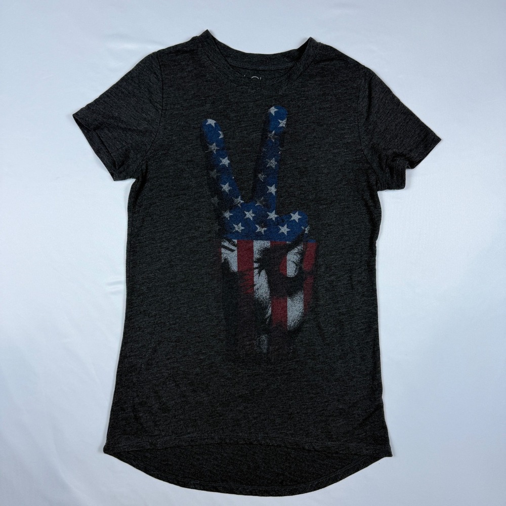 LOL Vintage Graphic Tee Womens XS Charcoal Gray USA Peace Sign High Low Hem